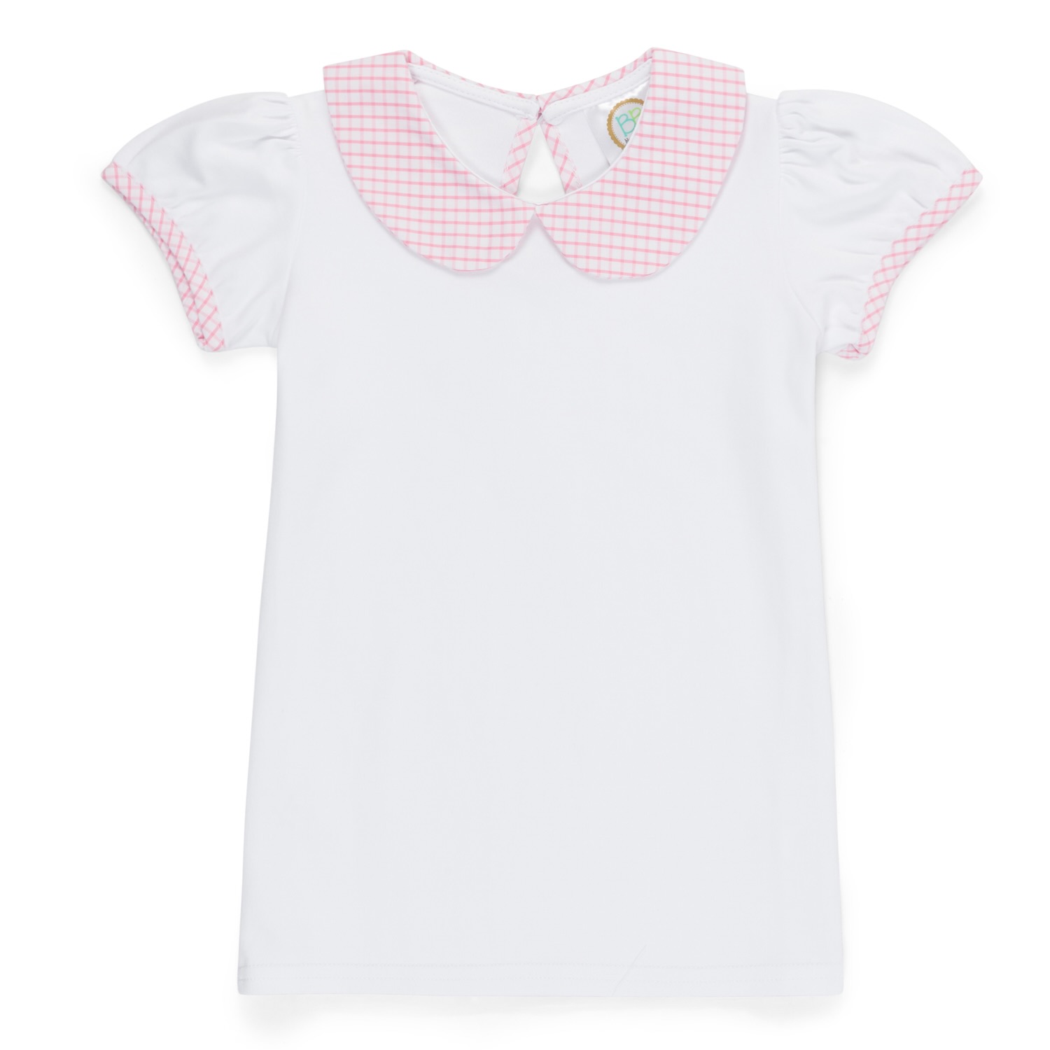 Blank Girl's Short Sleeve Peter Pan Collar Tee with Gingham Trim