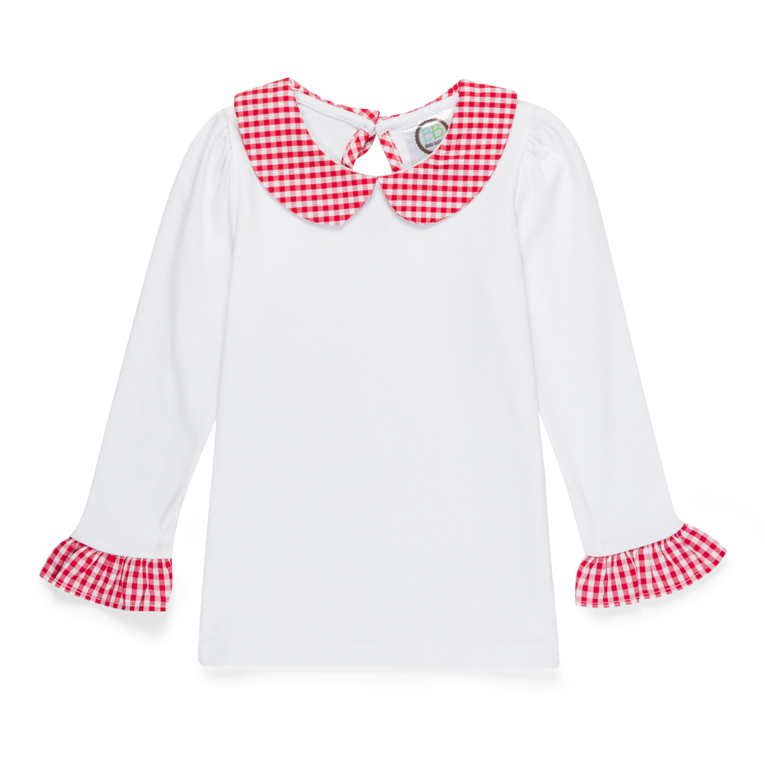 Blank Girl's Long Sleeve Peter Pan Collar Tee with Gingham Trim