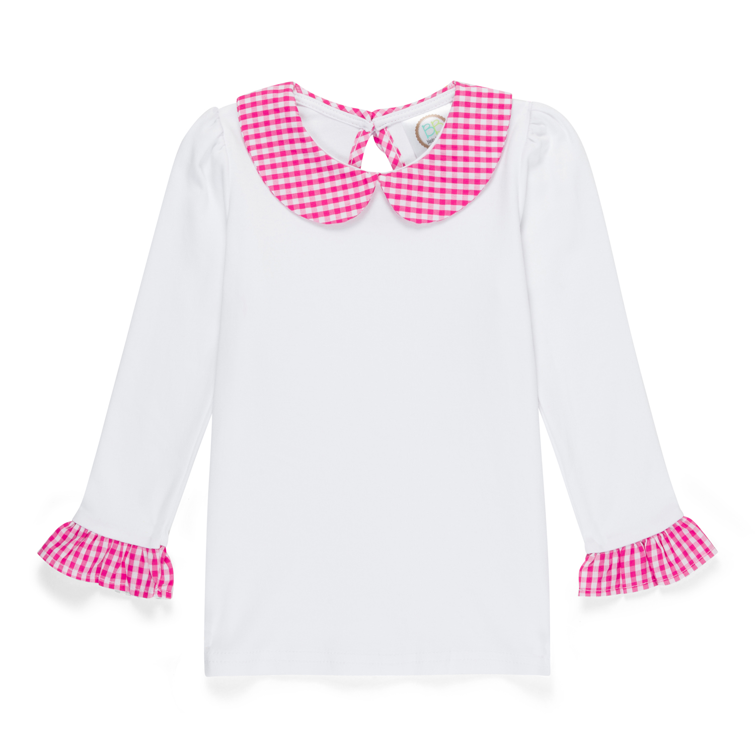 Blank Girl's Long Sleeve Peter Pan Collar Tee with Gingham Trim