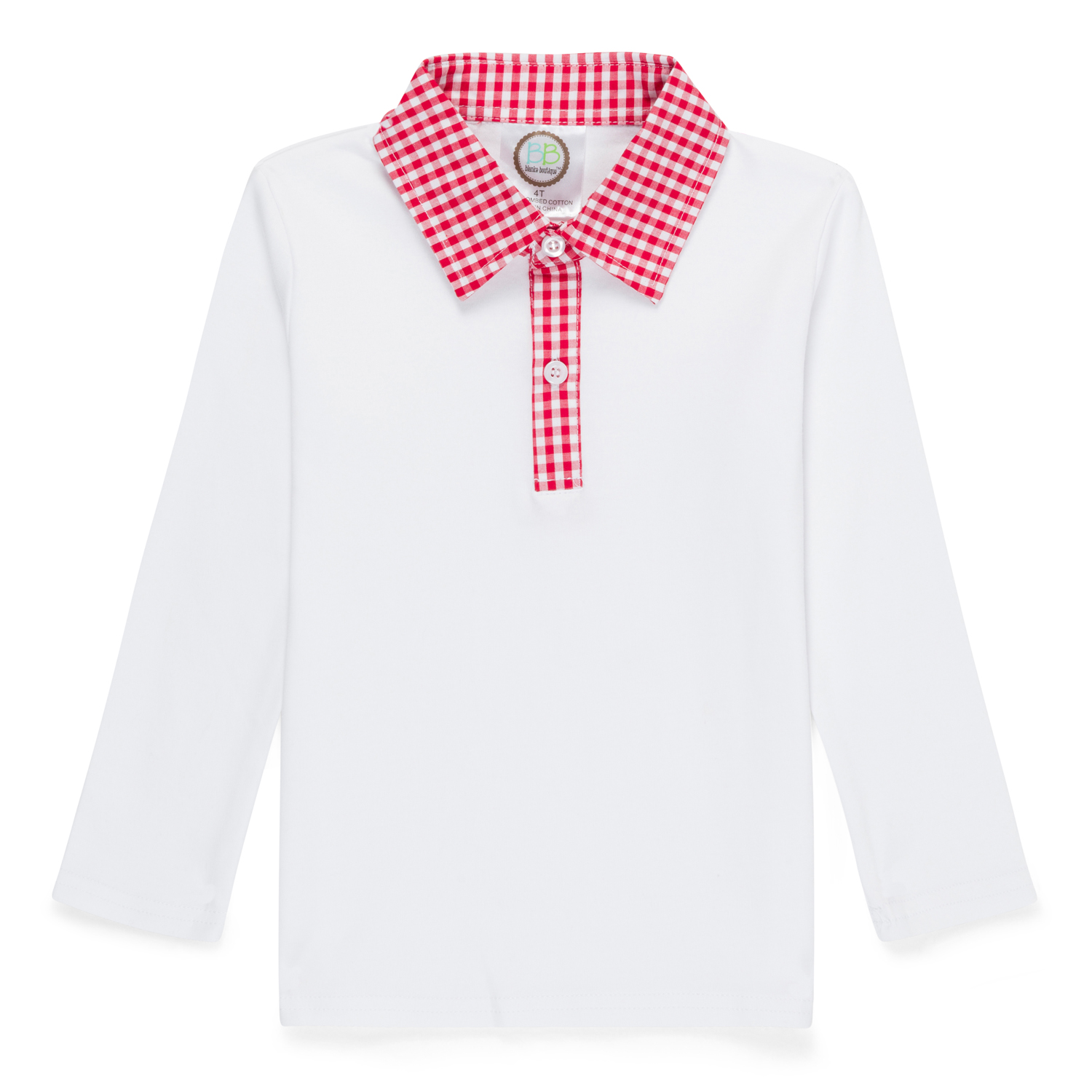 Blank Boy's Long Sleeve Polo Style Collared Shirt w/ Gingham Trim