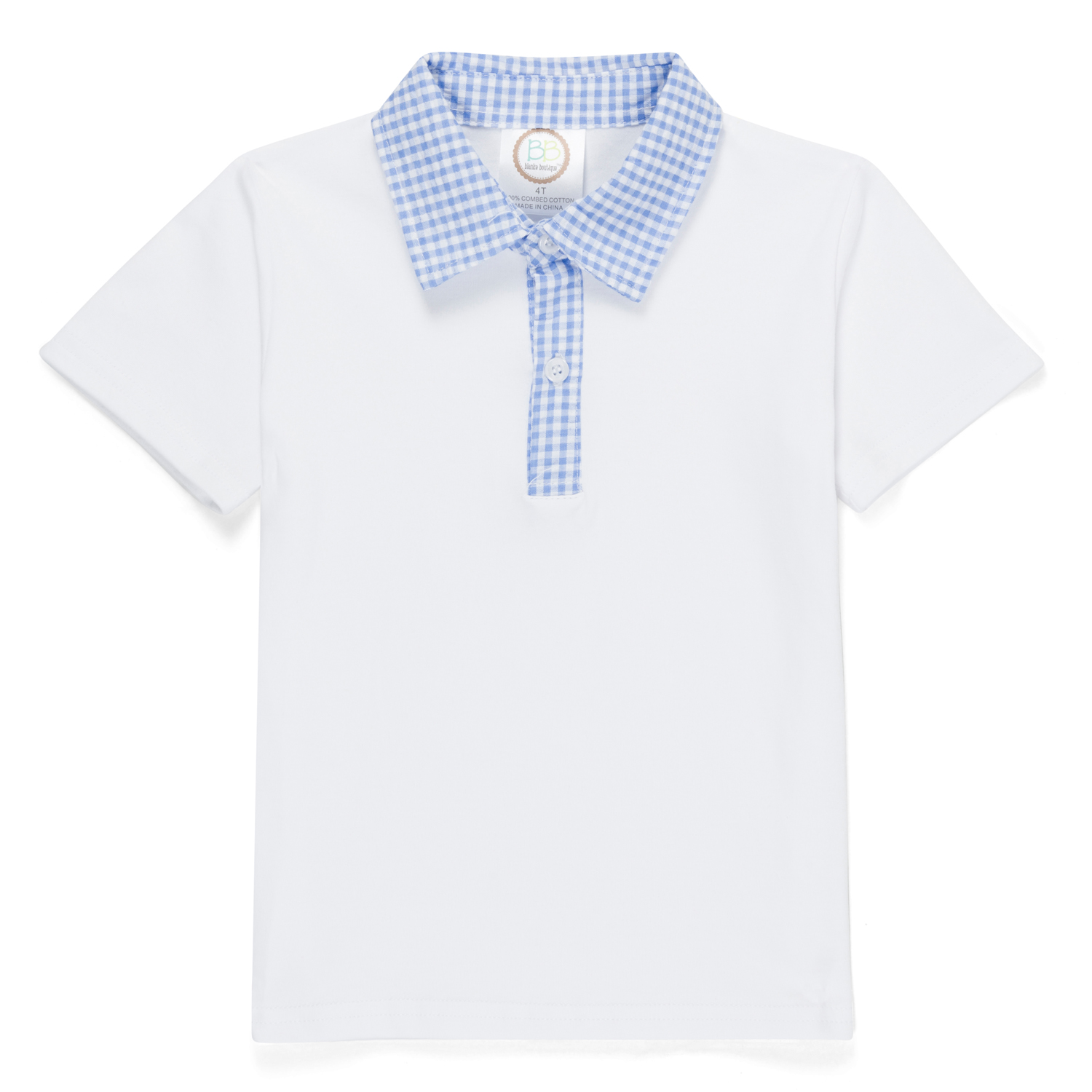 Blank Boy's Short Sleeve Polo Style Collared Shirt w/ Gingham Trim