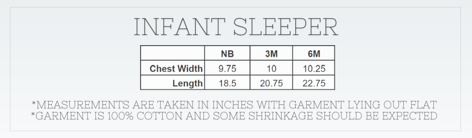 Blank Infant Zipper Sleeper Size Chart