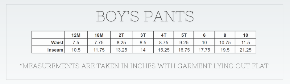 Boy's Striped Pants Size Chart