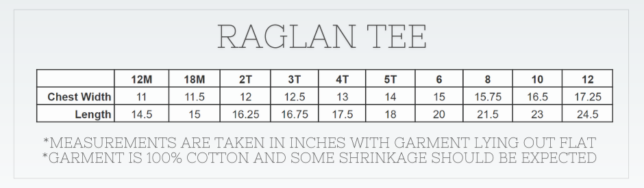 Blank Raglan Style Tee Shirt Size Chart