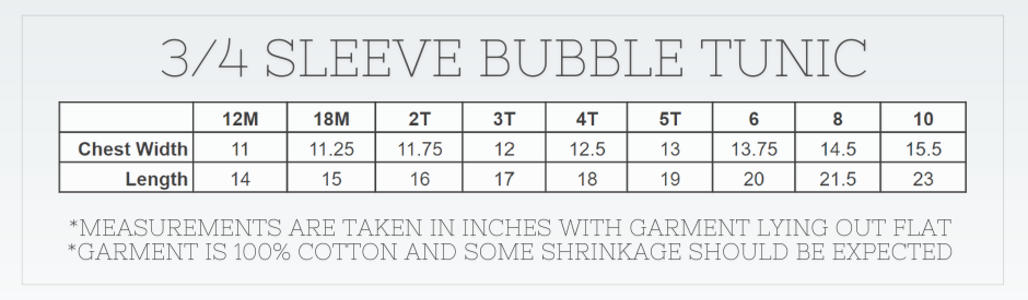 Blank Girl's 3/4 Bubble Sleeve Tunic Size Chart