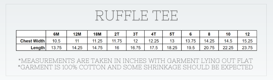 *Sublimation Blanks* Blank Girl's Long Sleeve Ruffle Tee Shirt - Poly Blend Size Chart