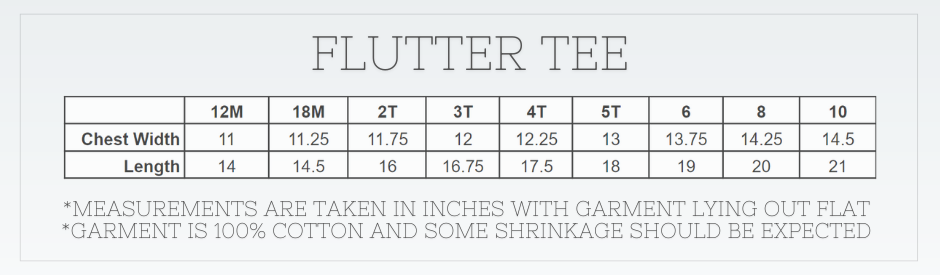 Blank Girl's Flutter Sleeve Tee Shirt Size Chart