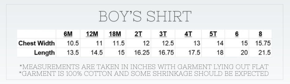 Blank Boy's Short Sleeve Tee Shirt Size Chart