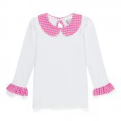 Blank Girl's Long Sleeve Peter Pan Collar Tee with Gingham Trim