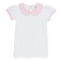 Blank Girl's Short Sleeve Peter Pan Collar Tee with Gingham Trim