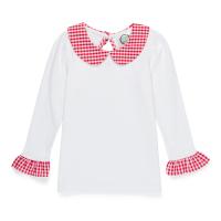 Blank Girl's Long Sleeve Peter Pan Collar Tee with Gingham Trim