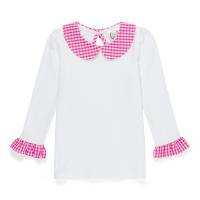 Blank Girl's Long Sleeve Peter Pan Collar Tee with Gingham Trim