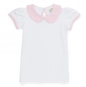 Blank Girl's Short Sleeve Peter Pan Collar Tee with Gingham Trim Blank Girl's Short Sleeve Peter Pan Collar Tee with Gingham Trim