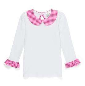 Blank Girl's Long Sleeve Peter Pan Collar Tee with Gingham Trim Blank Girl's Long Sleeve Peter Pan Collar Tee with Gingham Trim