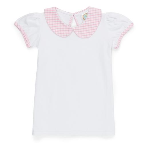 Blank Girl's Short Sleeve Peter Pan Collar Tee with Gingham Trim