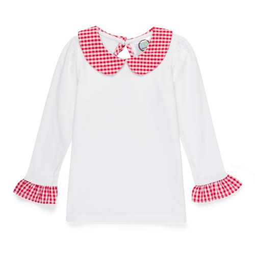 Blank Girl's Long Sleeve Peter Pan Collar Tee with Gingham Trim